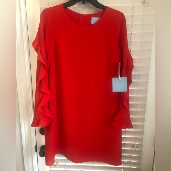 Red dress with ruffle sleeves and button back - Picture 1 of 3